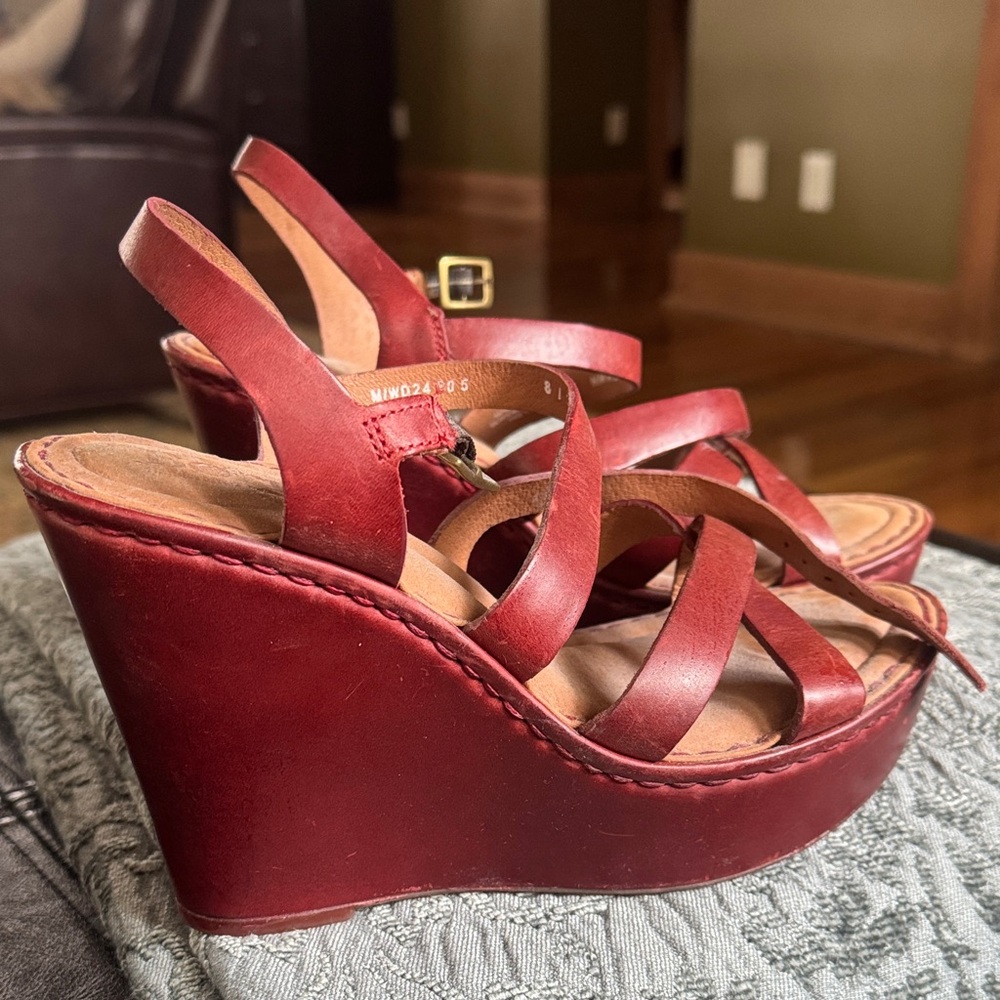 Born Red Leather Strappy Wedge Sandals